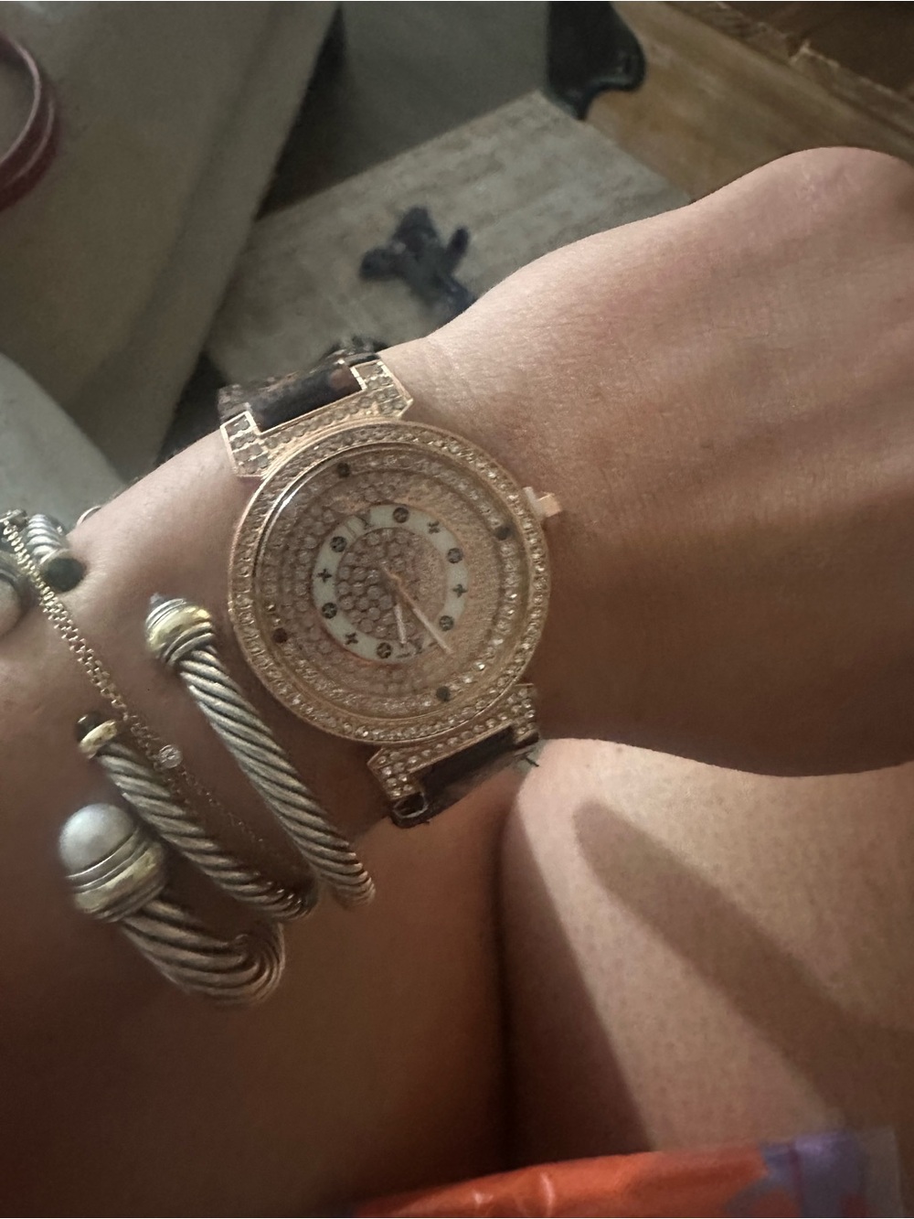 Source Unknown Gold Crystal Watch with Brown Monogram Strap & Gold LV Bracelet - Picture 11 of 15